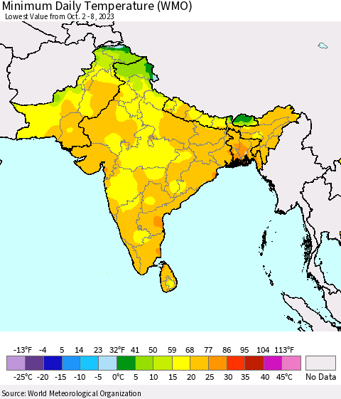 Southern Asia Minimum Daily Temperature (WMO) Thematic Map For 10/2/2023 - 10/8/2023