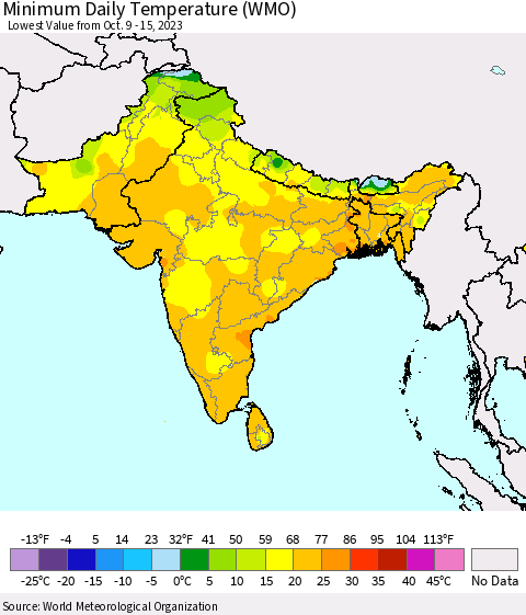 Southern Asia Minimum Daily Temperature (WMO) Thematic Map For 10/9/2023 - 10/15/2023