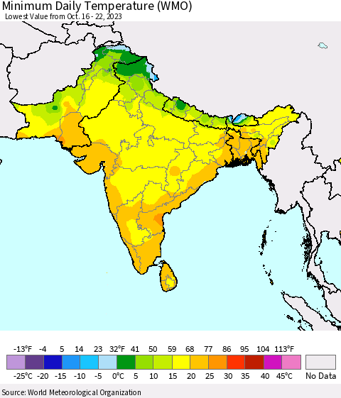 Southern Asia Minimum Daily Temperature (WMO) Thematic Map For 10/16/2023 - 10/22/2023