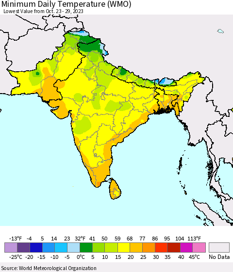 Southern Asia Minimum Daily Temperature (WMO) Thematic Map For 10/23/2023 - 10/29/2023