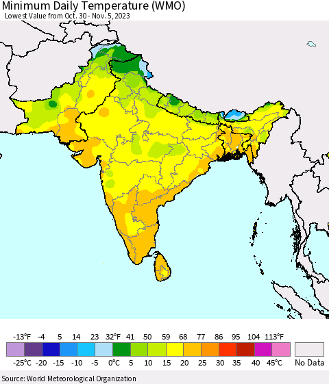 Southern Asia Minimum Daily Temperature (WMO) Thematic Map For 10/30/2023 - 11/5/2023
