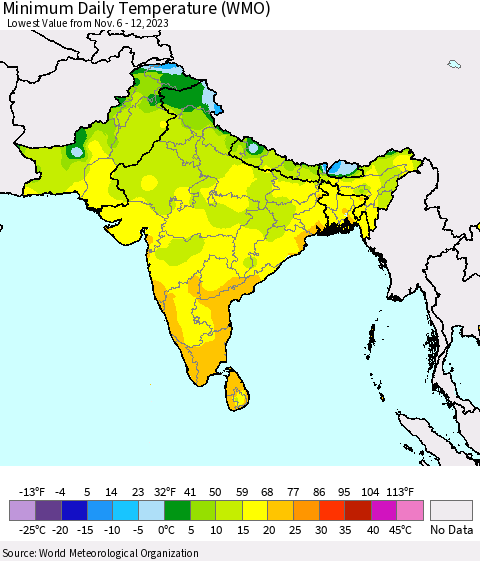 Southern Asia Minimum Daily Temperature (WMO) Thematic Map For 11/6/2023 - 11/12/2023