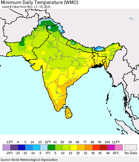 Southern Asia Minimum Daily Temperature (WMO) Thematic Map For 11/13/2023 - 11/19/2023