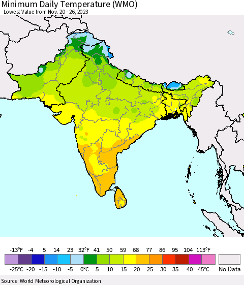 Southern Asia Minimum Daily Temperature (WMO) Thematic Map For 11/20/2023 - 11/26/2023