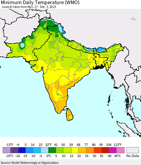 Southern Asia Minimum Daily Temperature (WMO) Thematic Map For 11/27/2023 - 12/3/2023