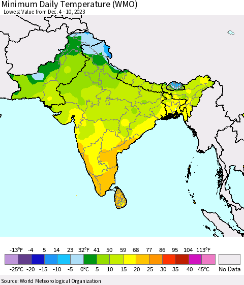 Southern Asia Minimum Daily Temperature (WMO) Thematic Map For 12/4/2023 - 12/10/2023