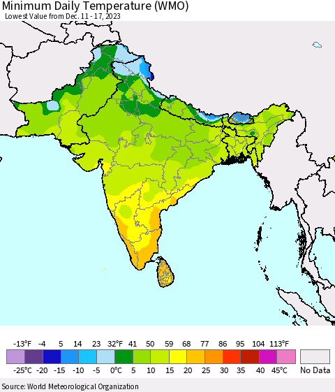 Southern Asia Minimum Daily Temperature (WMO) Thematic Map For 12/11/2023 - 12/17/2023