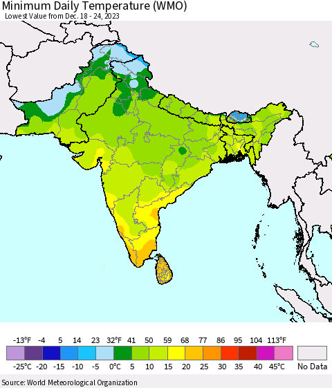 Southern Asia Minimum Daily Temperature (WMO) Thematic Map For 12/18/2023 - 12/24/2023