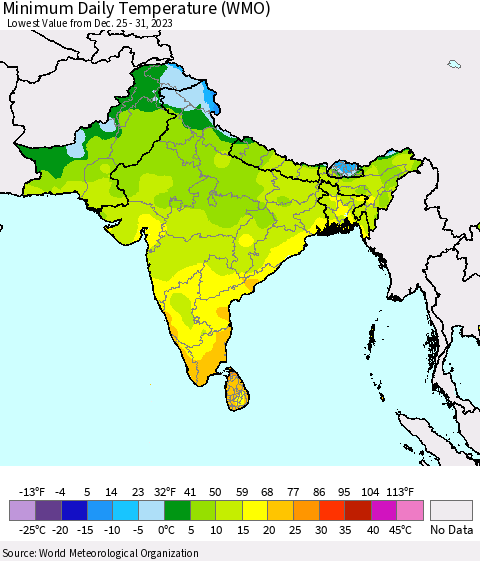 Southern Asia Minimum Daily Temperature (WMO) Thematic Map For 12/25/2023 - 12/31/2023