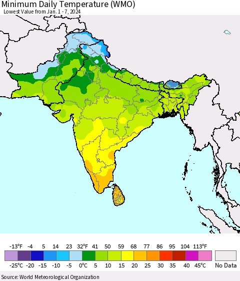 Southern Asia Minimum Daily Temperature (WMO) Thematic Map For 1/1/2024 - 1/7/2024