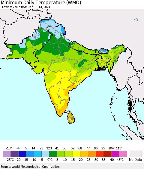 Southern Asia Minimum Daily Temperature (WMO) Thematic Map For 1/8/2024 - 1/14/2024
