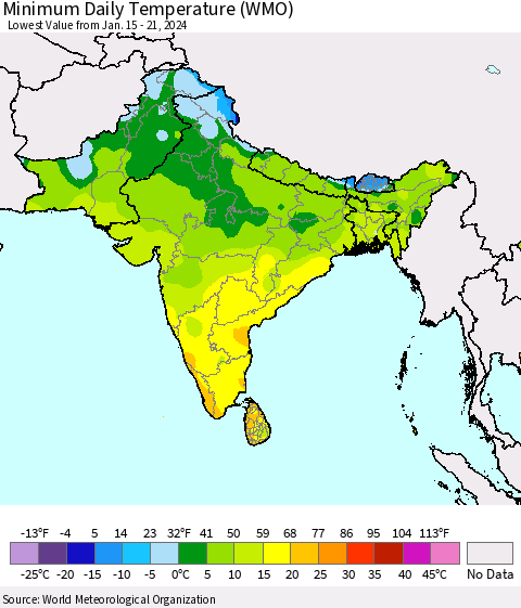 Southern Asia Minimum Daily Temperature (WMO) Thematic Map For 1/15/2024 - 1/21/2024