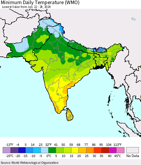 Southern Asia Minimum Daily Temperature (WMO) Thematic Map For 1/22/2024 - 1/28/2024