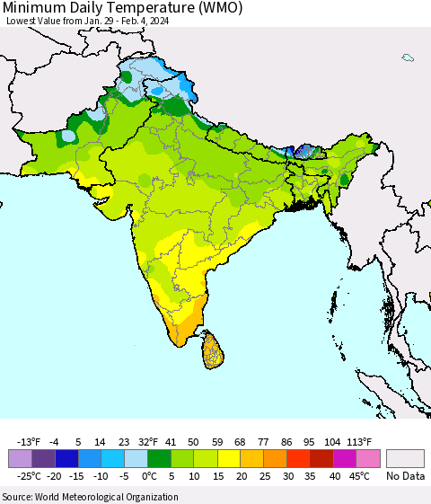 Southern Asia Minimum Daily Temperature (WMO) Thematic Map For 1/29/2024 - 2/4/2024