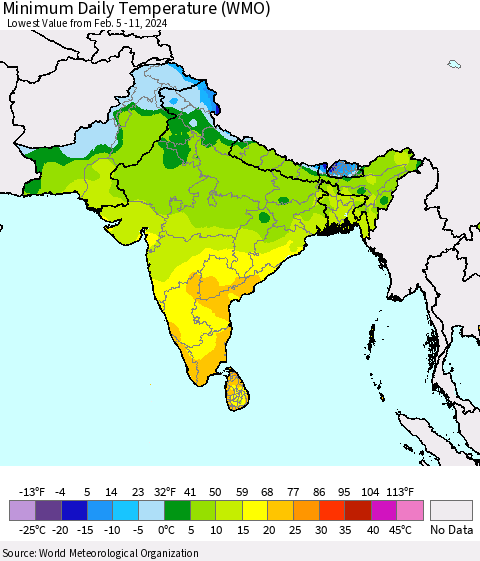 Southern Asia Minimum Daily Temperature (WMO) Thematic Map For 2/5/2024 - 2/11/2024