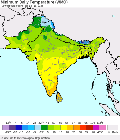 Southern Asia Minimum Daily Temperature (WMO) Thematic Map For 2/12/2024 - 2/18/2024
