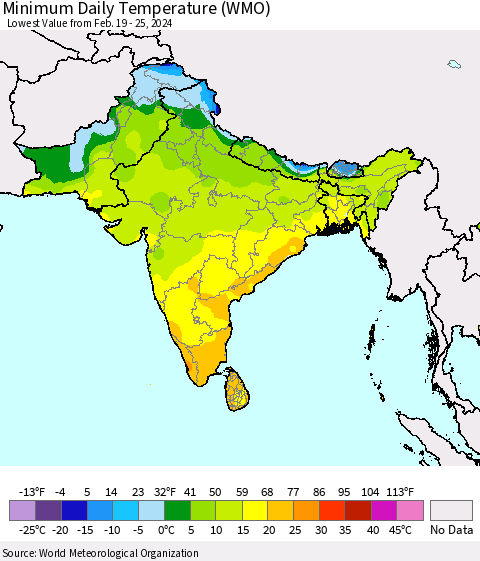 Southern Asia Minimum Daily Temperature (WMO) Thematic Map For 2/19/2024 - 2/25/2024