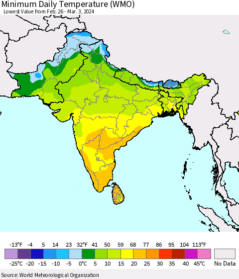 Southern Asia Minimum Daily Temperature (WMO) Thematic Map For 2/26/2024 - 3/3/2024