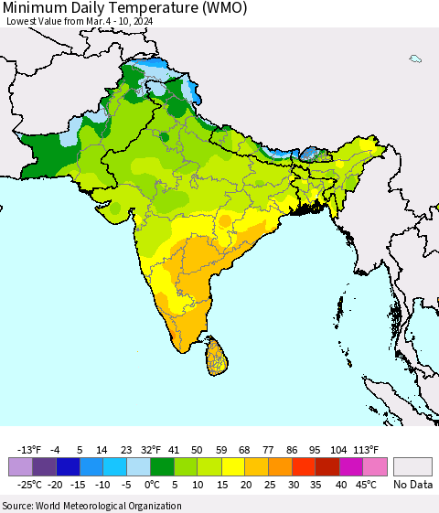 Southern Asia Minimum Daily Temperature (WMO) Thematic Map For 3/4/2024 - 3/10/2024