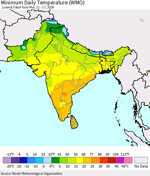 Southern Asia Minimum Daily Temperature (WMO) Thematic Map For 3/11/2024 - 3/17/2024