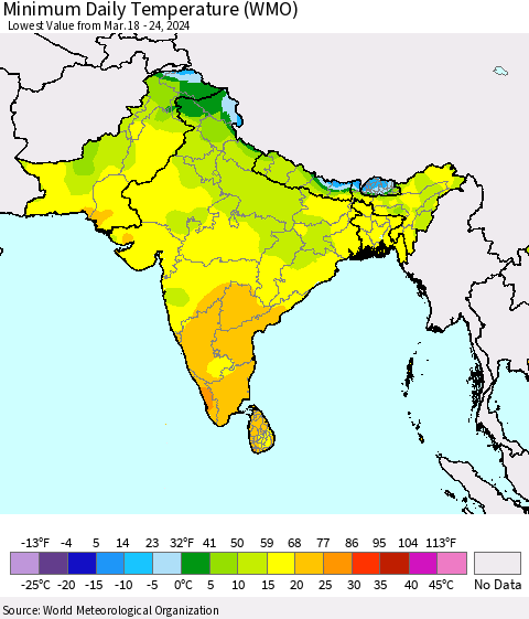 Southern Asia Minimum Daily Temperature (WMO) Thematic Map For 3/18/2024 - 3/24/2024