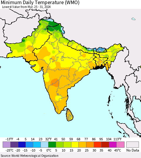 Southern Asia Minimum Daily Temperature (WMO) Thematic Map For 3/25/2024 - 3/31/2024