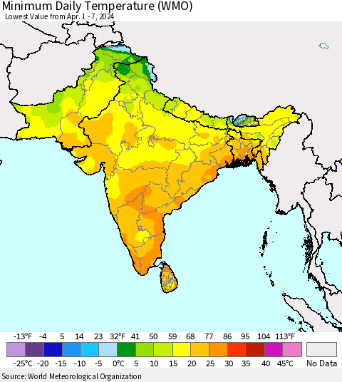 Southern Asia Minimum Daily Temperature (WMO) Thematic Map For 4/1/2024 - 4/7/2024