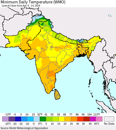 Southern Asia Minimum Daily Temperature (WMO) Thematic Map For 4/8/2024 - 4/14/2024