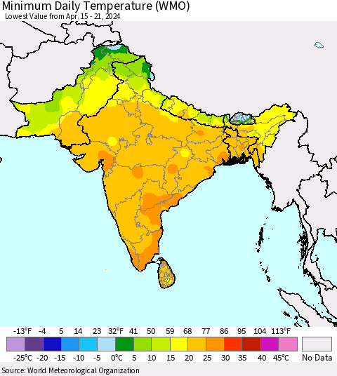 Southern Asia Minimum Daily Temperature (WMO) Thematic Map For 4/15/2024 - 4/21/2024