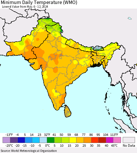 Southern Asia Minimum Daily Temperature (WMO) Thematic Map For 5/6/2024 - 5/12/2024