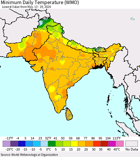 Southern Asia Minimum Daily Temperature (WMO) Thematic Map For 5/13/2024 - 5/19/2024