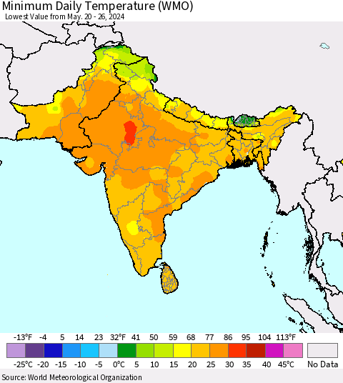Southern Asia Minimum Daily Temperature (WMO) Thematic Map For 5/20/2024 - 5/26/2024