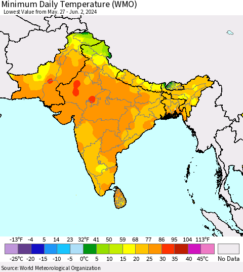 Southern Asia Minimum Daily Temperature (WMO) Thematic Map For 5/27/2024 - 6/2/2024