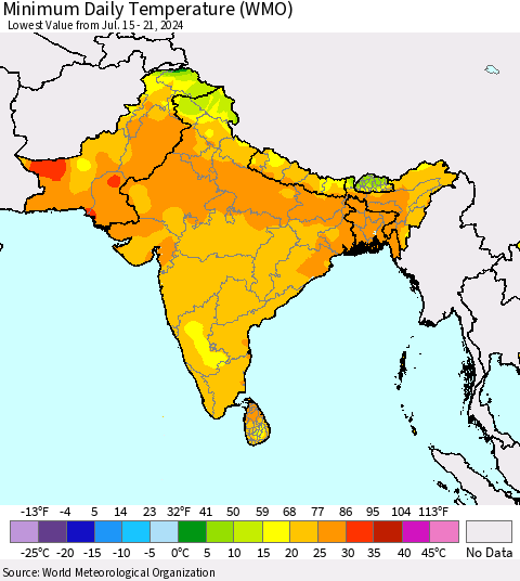 Southern Asia Minimum Daily Temperature (WMO) Thematic Map For 7/15/2024 - 7/21/2024