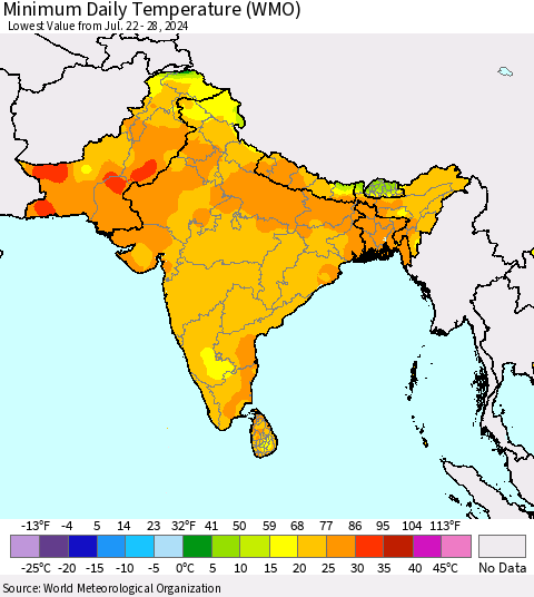 Southern Asia Minimum Daily Temperature (WMO) Thematic Map For 7/22/2024 - 7/28/2024