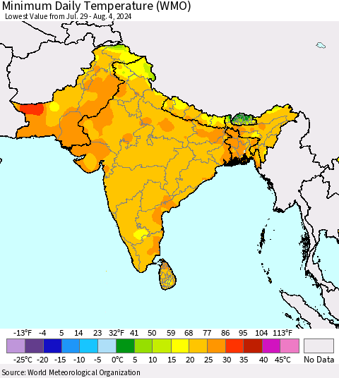 Southern Asia Minimum Daily Temperature (WMO) Thematic Map For 7/29/2024 - 8/4/2024