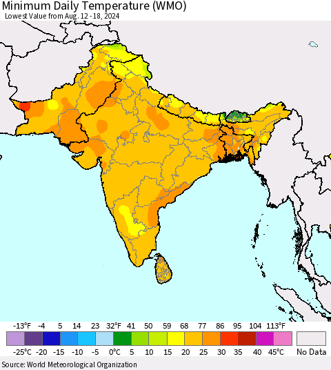 Southern Asia Minimum Daily Temperature (WMO) Thematic Map For 8/12/2024 - 8/18/2024