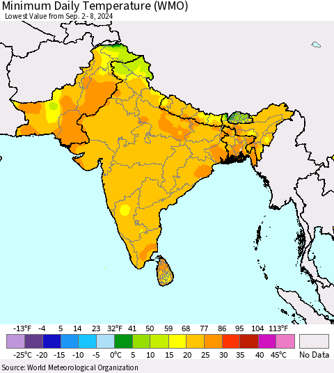 Southern Asia Minimum Daily Temperature (WMO) Thematic Map For 9/2/2024 - 9/8/2024