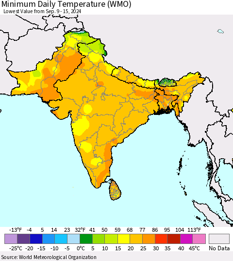 Southern Asia Minimum Daily Temperature (WMO) Thematic Map For 9/9/2024 - 9/15/2024