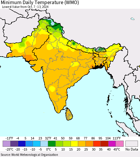 Southern Asia Minimum Daily Temperature (WMO) Thematic Map For 10/7/2024 - 10/13/2024