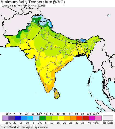 Southern Asia Minimum Daily Temperature (WMO) Thematic Map For 2/24/2025 - 3/2/2025