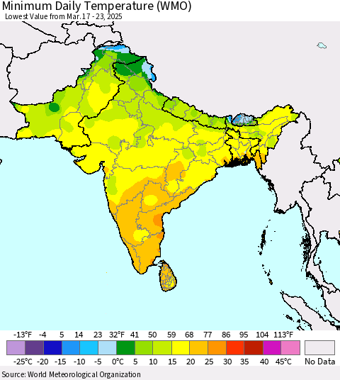 Southern Asia Minimum Daily Temperature (WMO) Thematic Map For 3/17/2025 - 3/23/2025