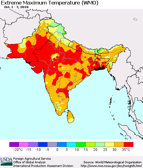 Southern Asia Maximum Daily Temperature (WMO) Thematic Map For 10/1/2018 - 10/7/2018