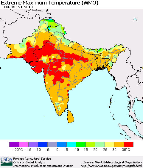 Southern Asia Maximum Daily Temperature (WMO) Thematic Map For 10/15/2018 - 10/21/2018
