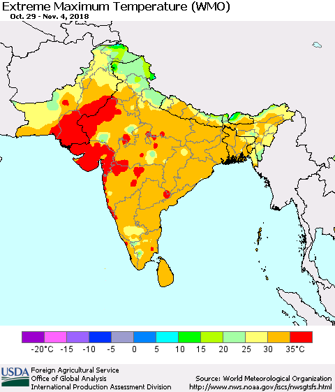 Southern Asia Maximum Daily Temperature (WMO) Thematic Map For 10/29/2018 - 11/4/2018