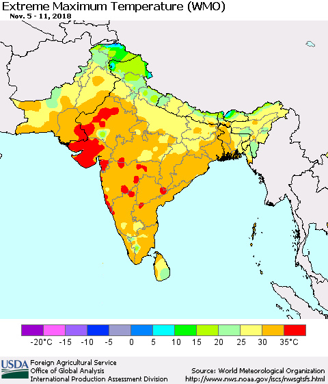 Southern Asia Maximum Daily Temperature (WMO) Thematic Map For 11/5/2018 - 11/11/2018