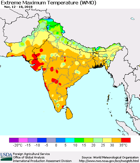 Southern Asia Maximum Daily Temperature (WMO) Thematic Map For 11/12/2018 - 11/18/2018