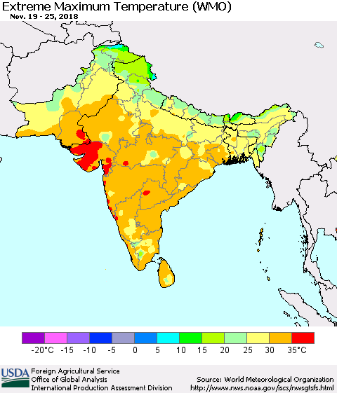 Southern Asia Maximum Daily Temperature (WMO) Thematic Map For 11/19/2018 - 11/25/2018