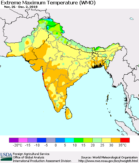 Southern Asia Maximum Daily Temperature (WMO) Thematic Map For 11/26/2018 - 12/2/2018