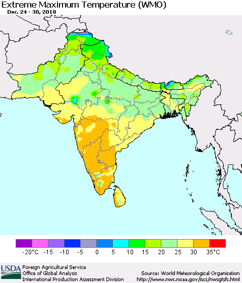 Southern Asia Maximum Daily Temperature (WMO) Thematic Map For 12/24/2018 - 12/30/2018